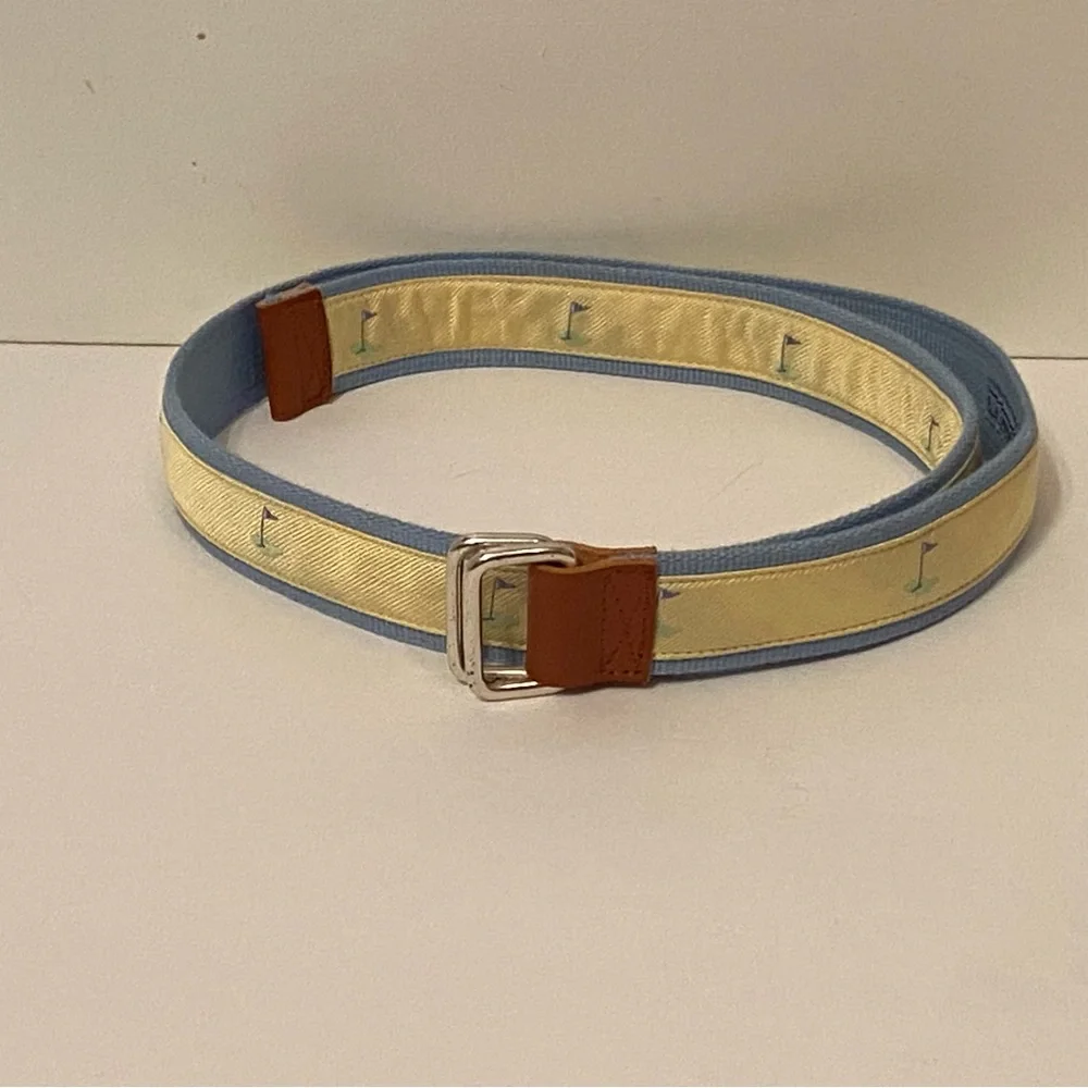 J. McLAUGHLIN BELT GOLF FLAG BLUE WEBBING YELLOW RIBBON BROWN LEATHER SIZE S USA